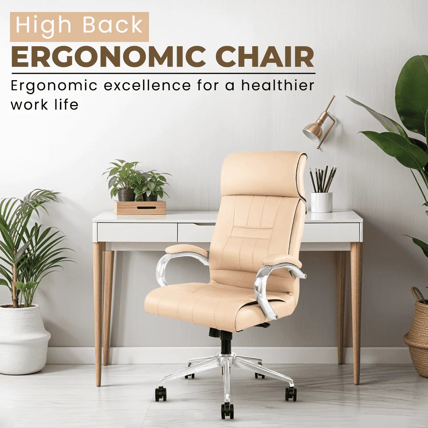 IAFA Beige Leatherette Office Chair placed in a modern home office setup, highlighting ergonomic comfort and stylish design.
