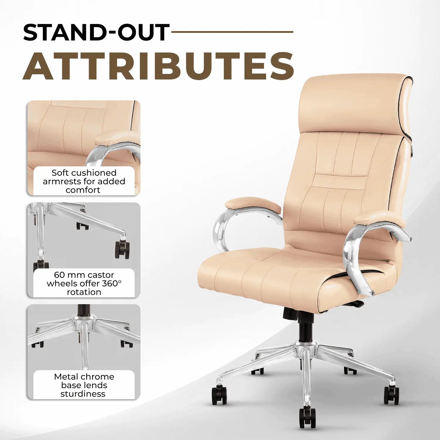 IAFA Beige Leatherette Office Chair features soft armrests, 360° rotating castor wheels, and a sturdy chrome base for office use.