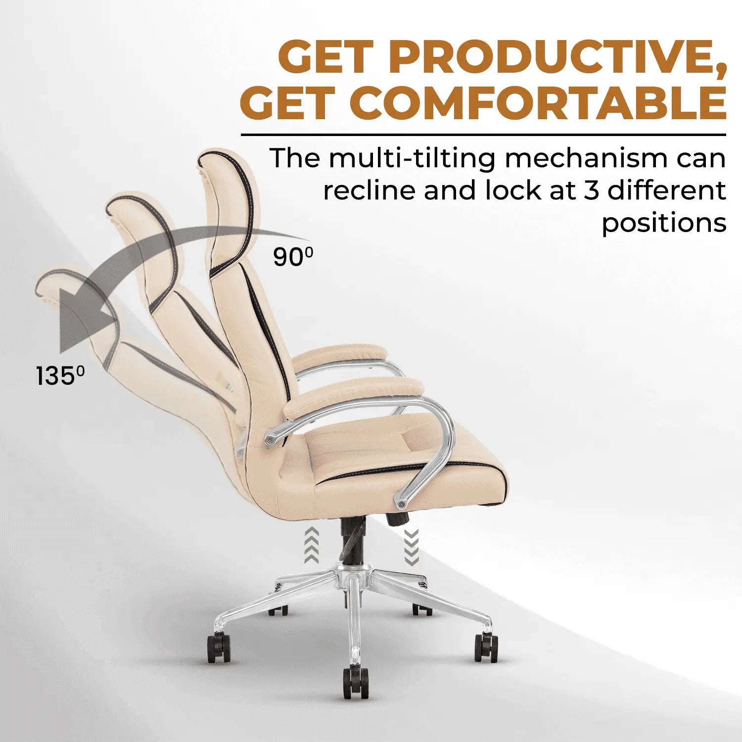 IAFA Ergonomic Beige Office Chair with multi-tilt lock mechanism reclines from 90° to 135° for customizable comfort.