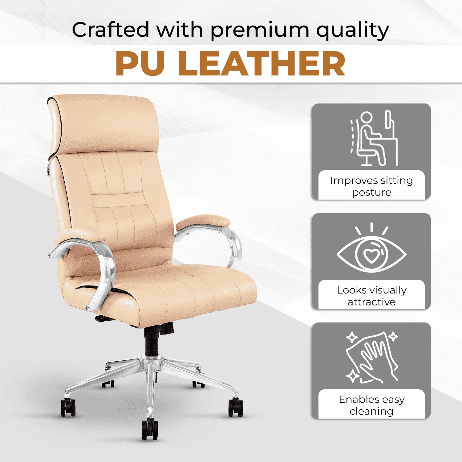 IAFA Beige PU Leather Office Chair offers improved posture, easy cleaning, and a sleek look for professional workspaces.