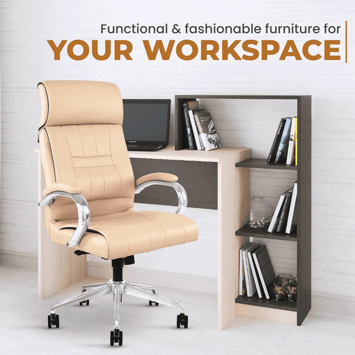 Beige Leatherette Office Chair by IAFA styled in a compact workspace, combining functionality and modern aesthetics.