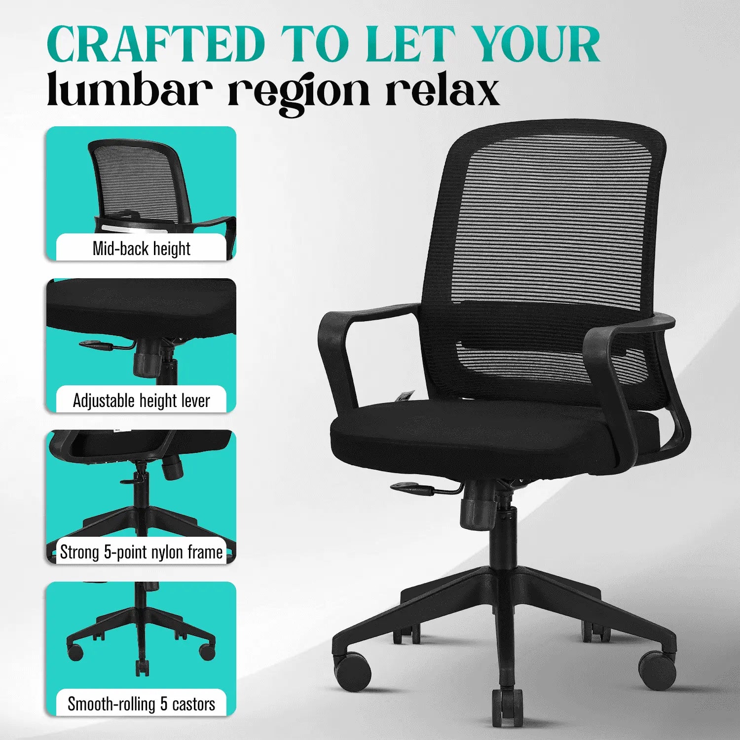 rico black mid back ergonomic office chair