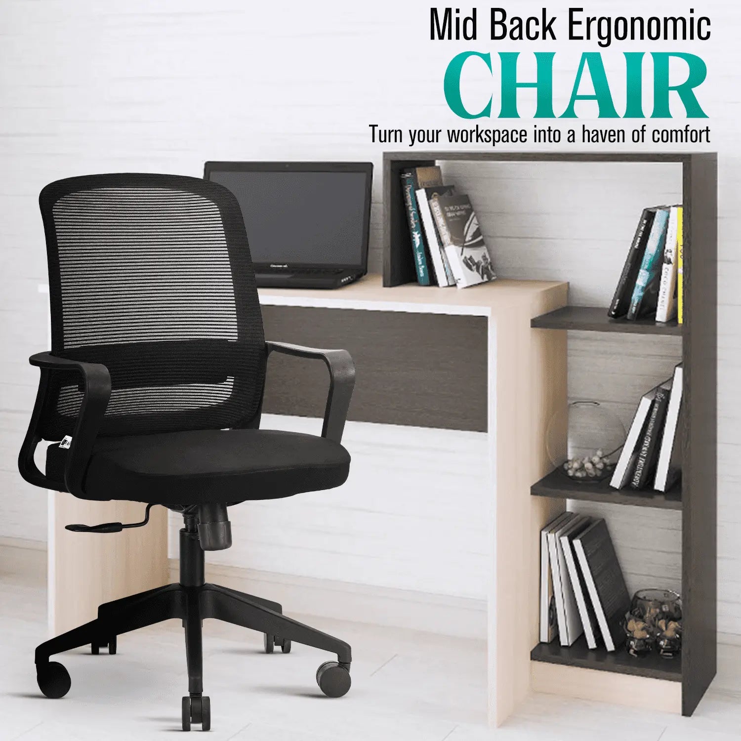 rico black mid back ergonomic office chair