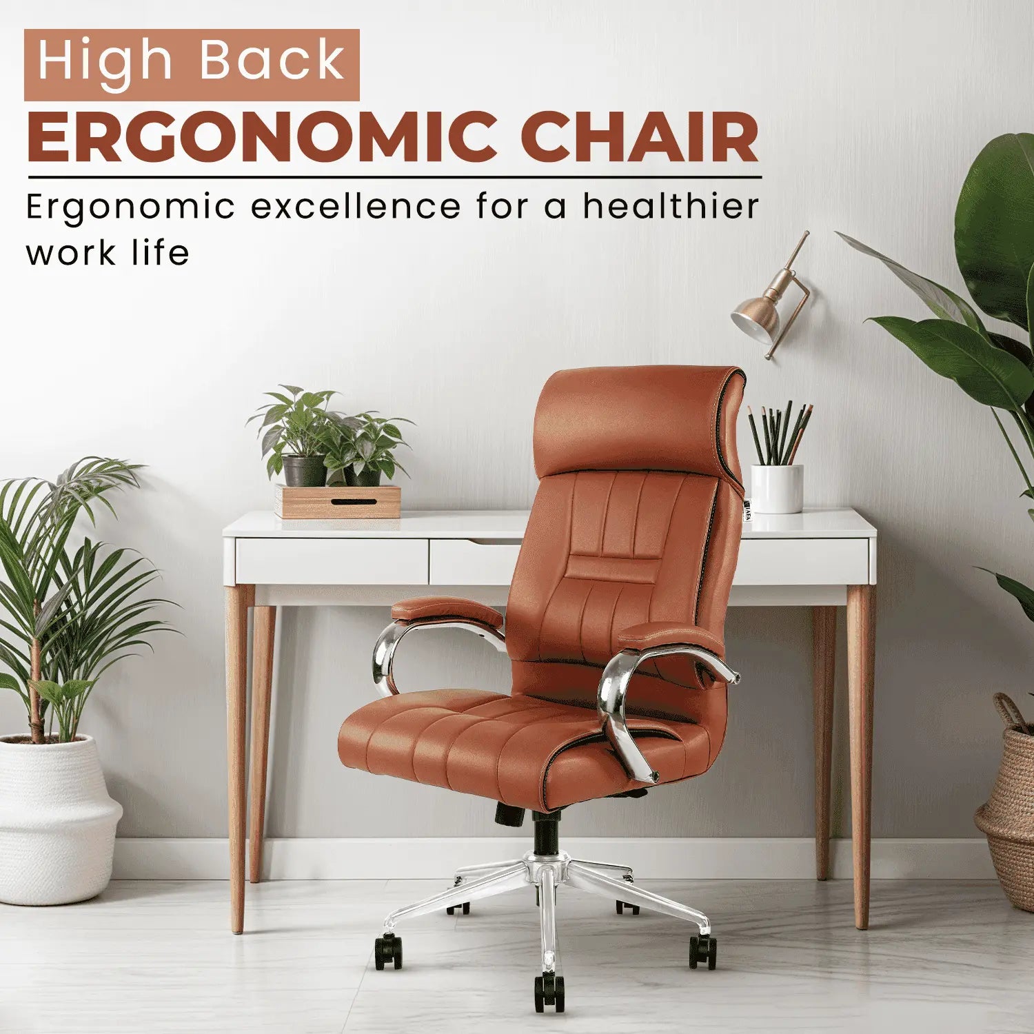 IAFA Brown Leatherette Office Chair placed in a modern home office setup, showcasing ergonomic design for healthier work life.