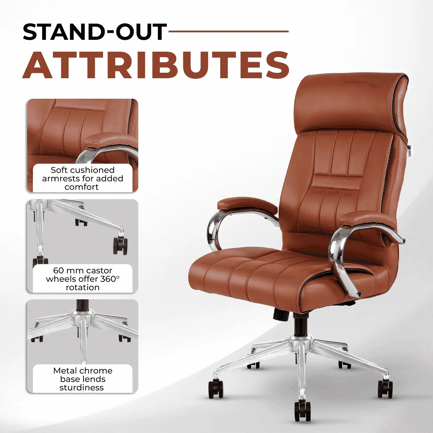 Close-up of IAFA Brown Leatherette Office Chair highlighting cushioned armrests, 360° rotating castor wheels, and chrome metal base.
