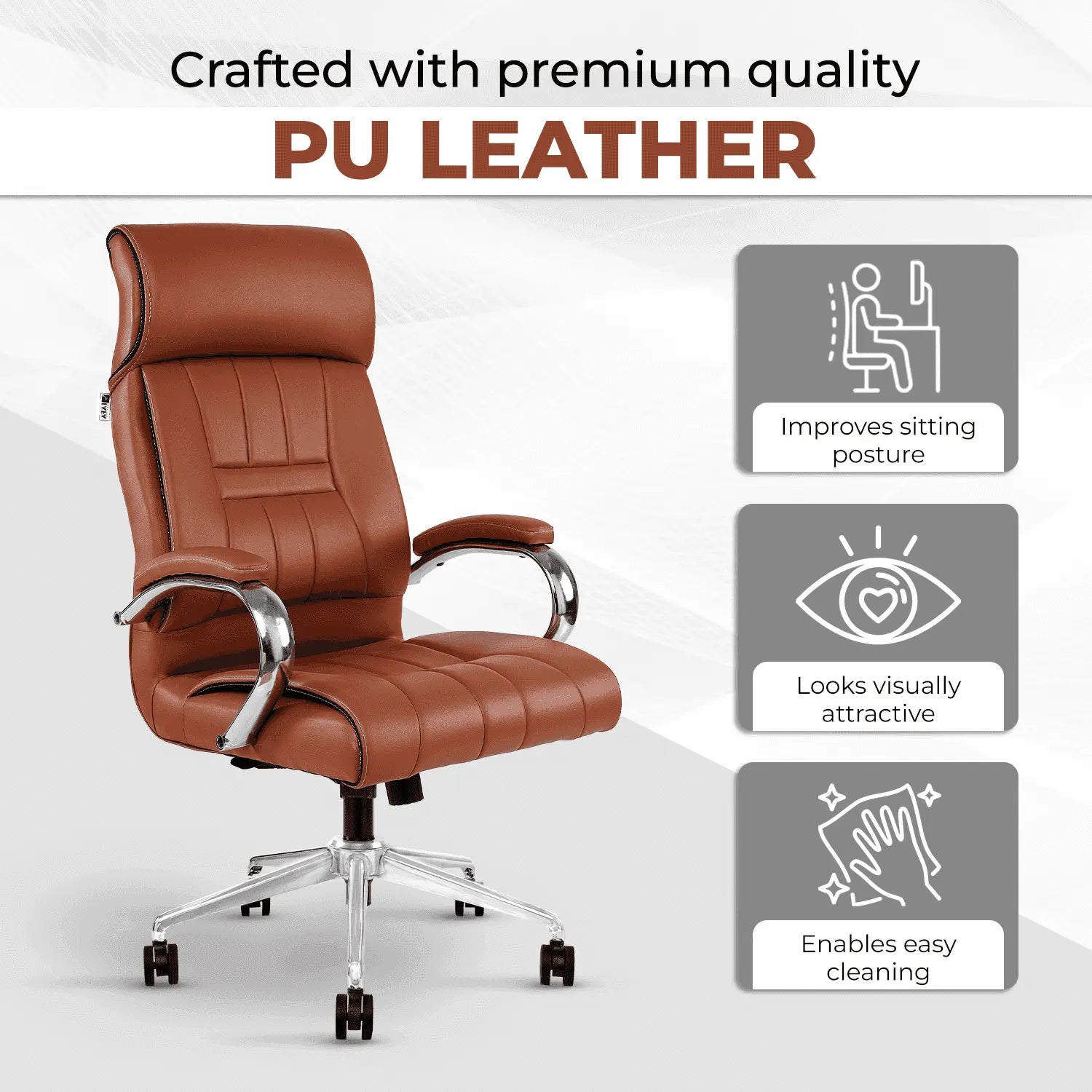 IAFA Brown Leatherette Office Chair made with premium PU leather, designed to improve posture, enhance aesthetics, and allow easy cleaning.