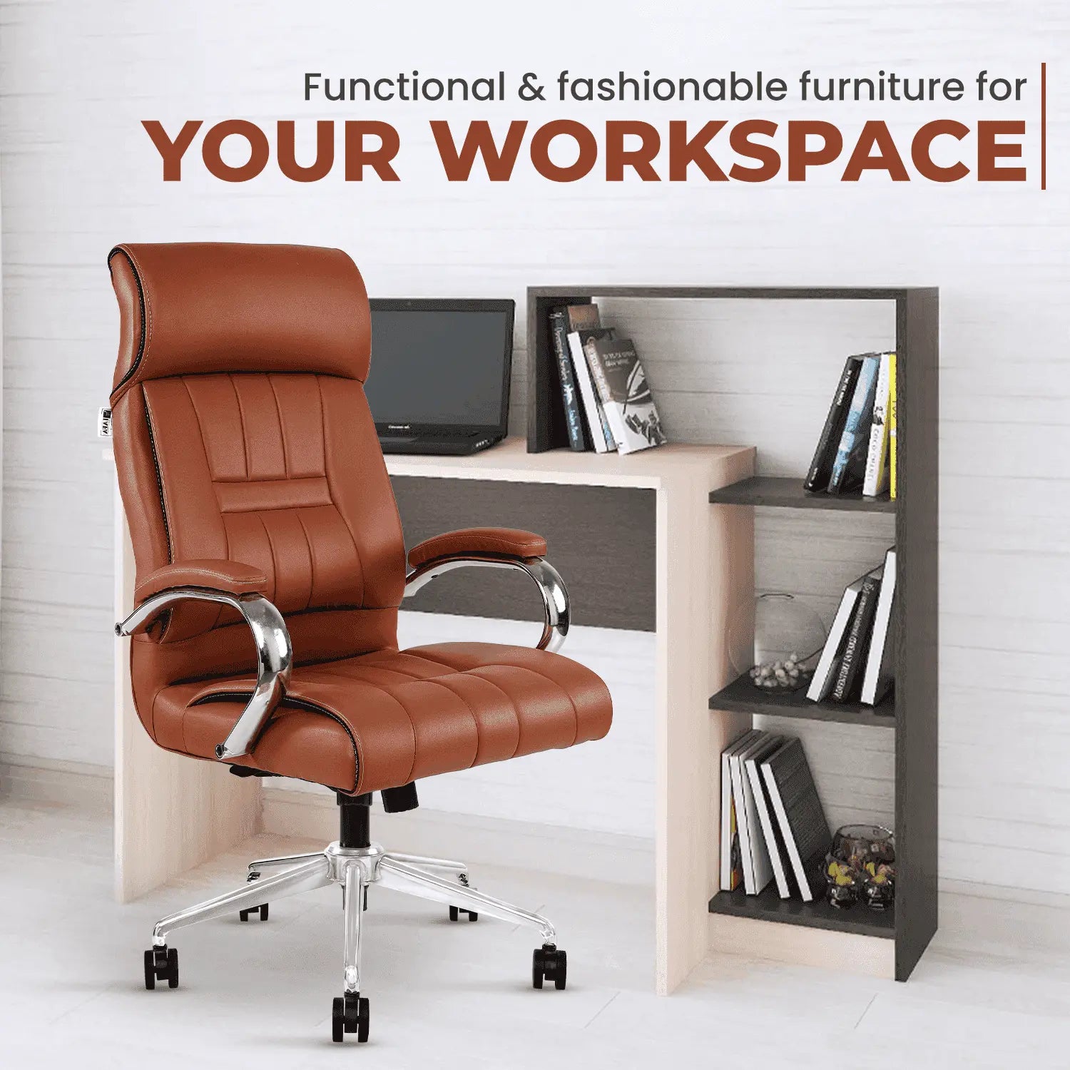 IAFA ergonomic brown leatherette chair styled in a contemporary office setup, blending functionality and fashion for workspace comfort.
