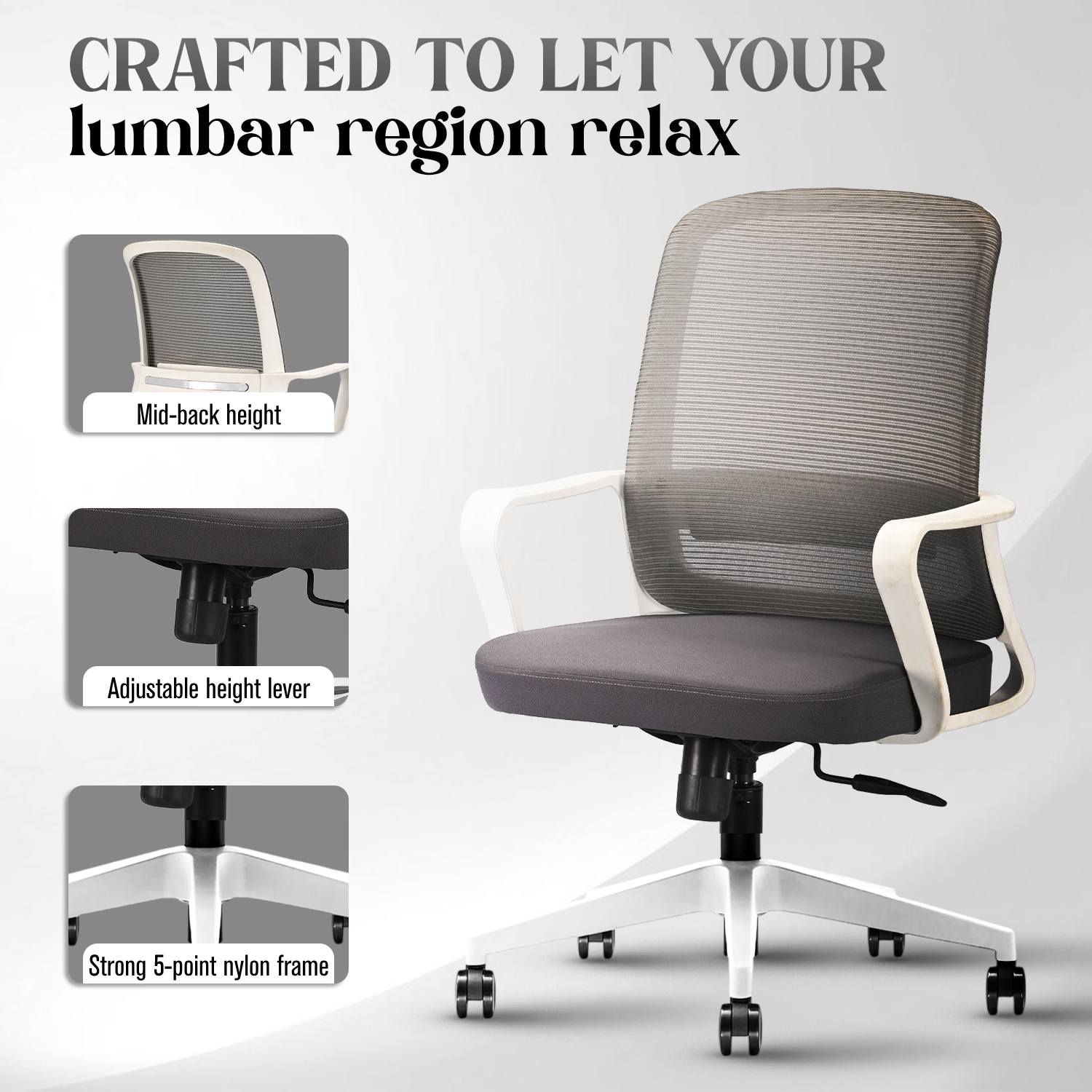 IAFA - White/Grey Rico Mid Back Ergonomic Office Chair