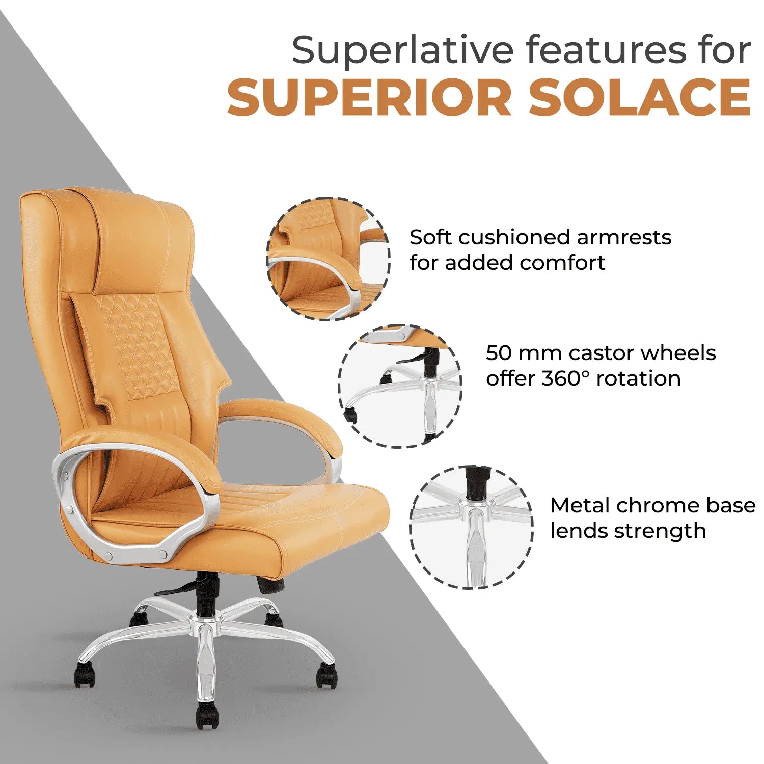 Close-up of IAFA Bronze Imperium Office Chair highlighting cushioned armrests, 360° castor wheels, and chrome metal base.
