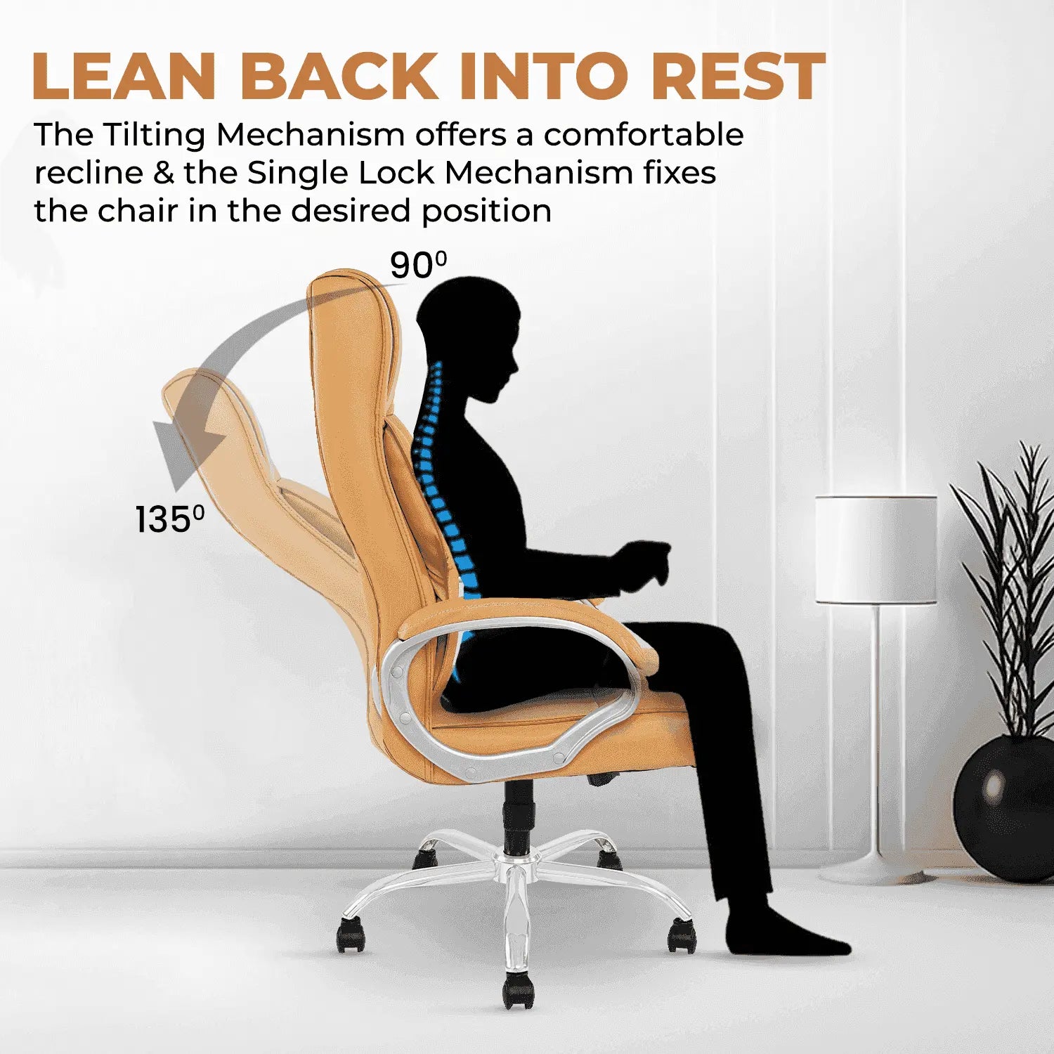IAFA Bronze Imperium Office Chair demonstrating 135° recline and single lock tilt mechanism for ergonomic back support.