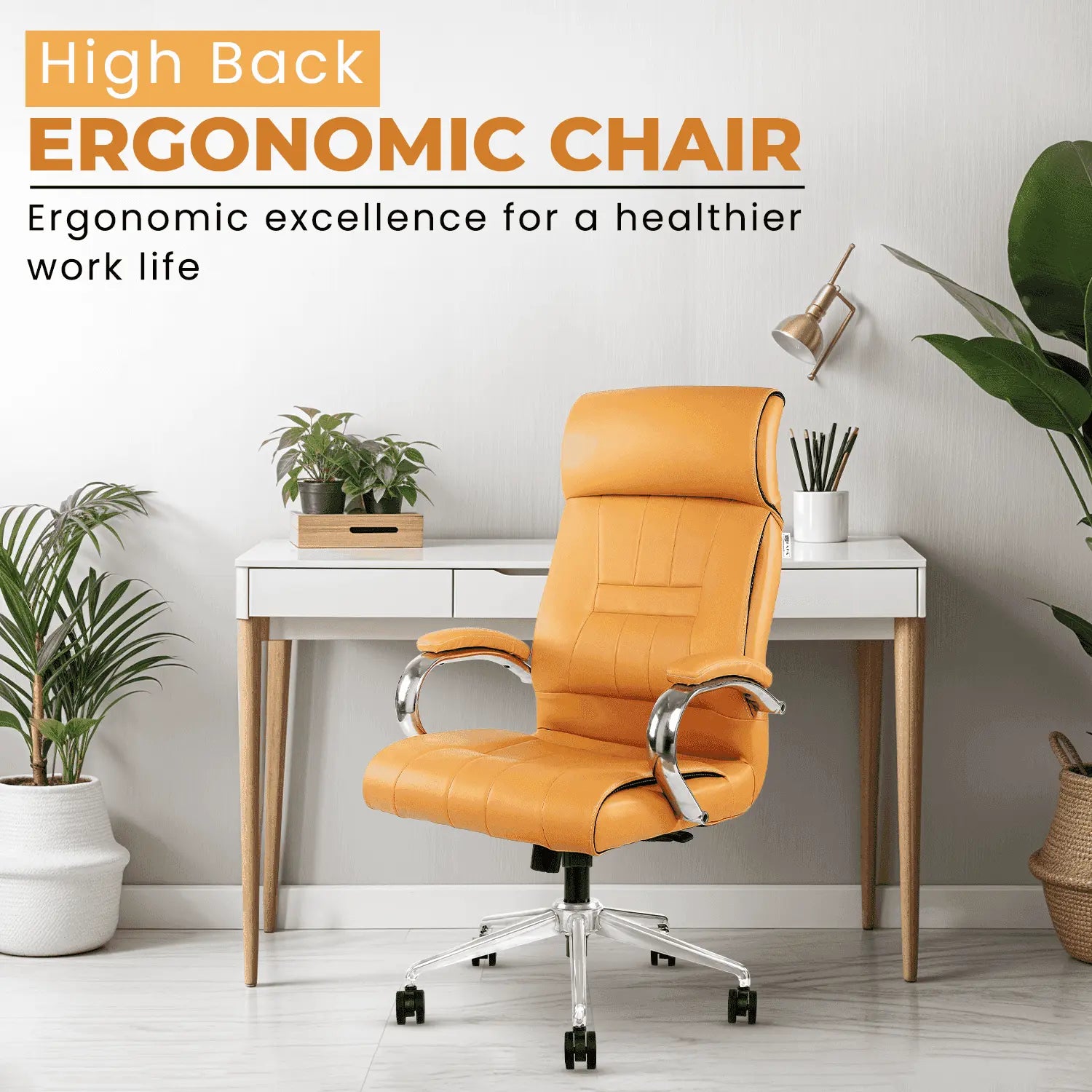 High back ergonomic IAFA Bronze Leatherette Office Chair placed in a stylish home office setup, promoting healthy posture and comfort.