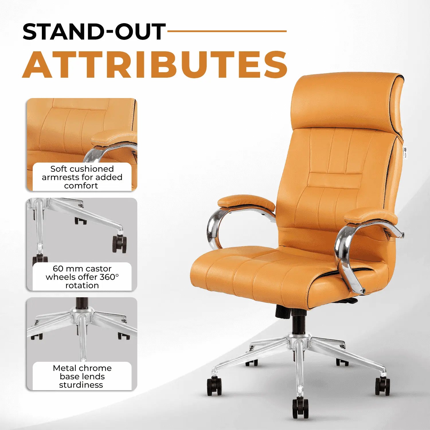 Bronze Leatherette Office Chair by IAFA featuring cushioned armrests, 360° rotating castor wheels, and a sturdy chrome metal base.